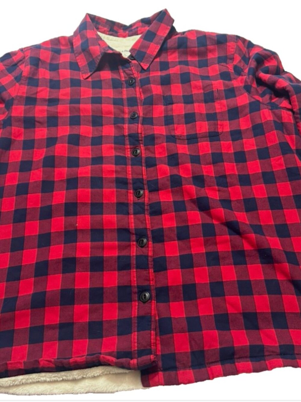 L.L.Bean Mens L Fleece Lined Shacket Red Buffalo Plaid Check Warm Cozy Cabin